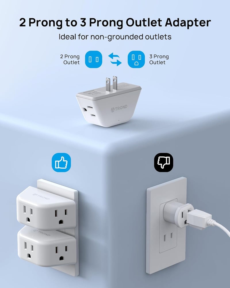 TROND 2 Prong to 3 Prong Outlet Adapter 2 Pack, 3-Way Angled Wall Extender with 3 AC Sockets, Plug Expander for Non-Grounded Outlets in Old House, Cruise Ship Essentials, White - Image 2